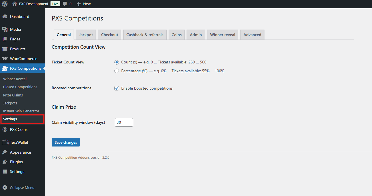 WordPress admin sidebar showing PXS Competitions menu and submenus