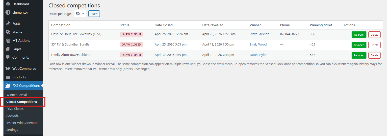 PXS Closed Competitions admin table with reopen and delete actions