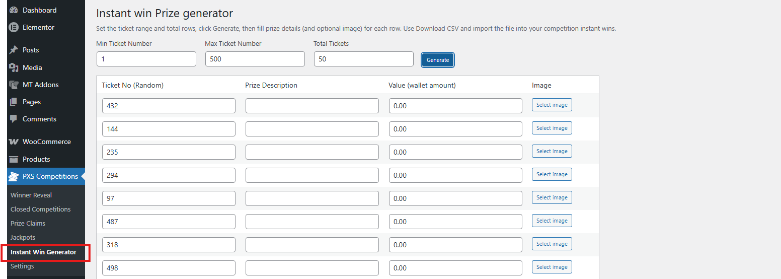 PXS Instant Win Generator CSV tool