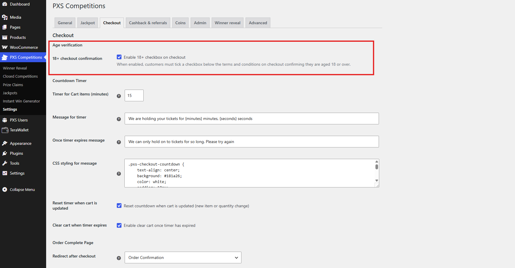 PXS Settings Checkout tab showing Enable 18+ checkbox on checkout