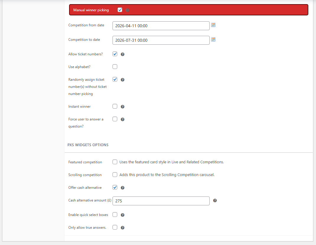 Competition product editor showing PXS fields