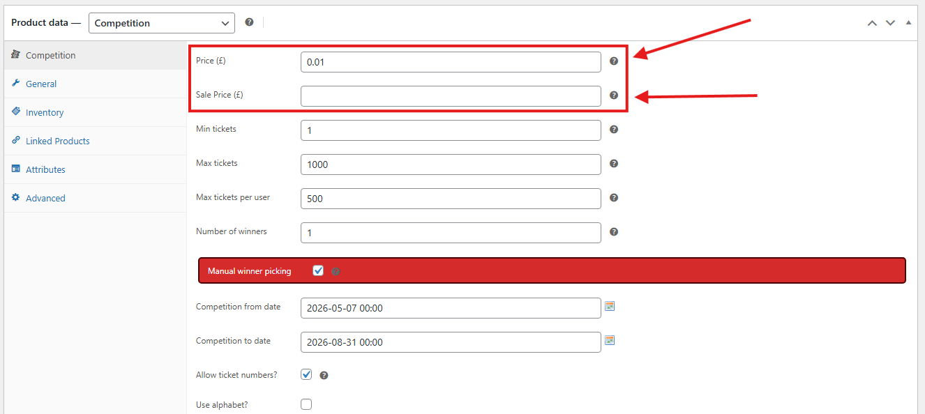 Competition ticket price fields