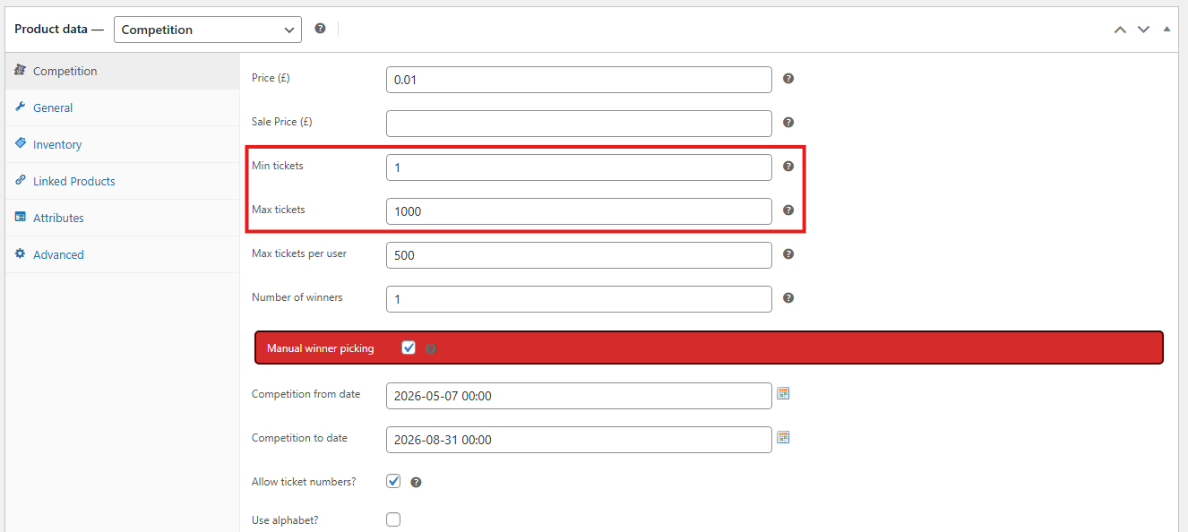 Minimum and maximum ticket settings