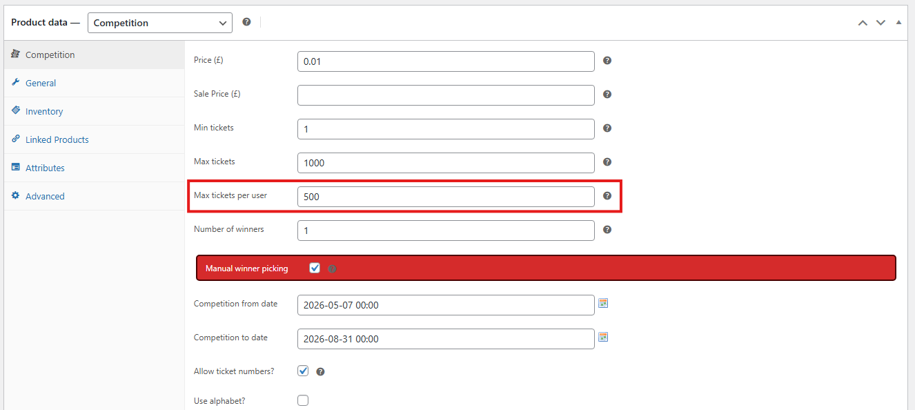 Tickets per user limit