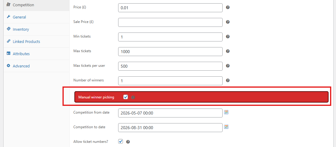 Manual picking winners option on competition product