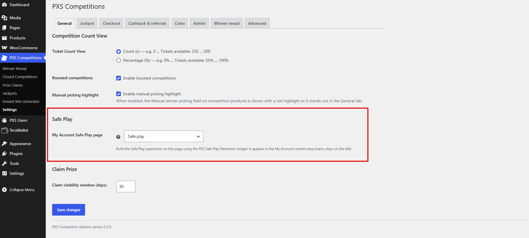 PXS Settings General tab showing Safe Play page selector
